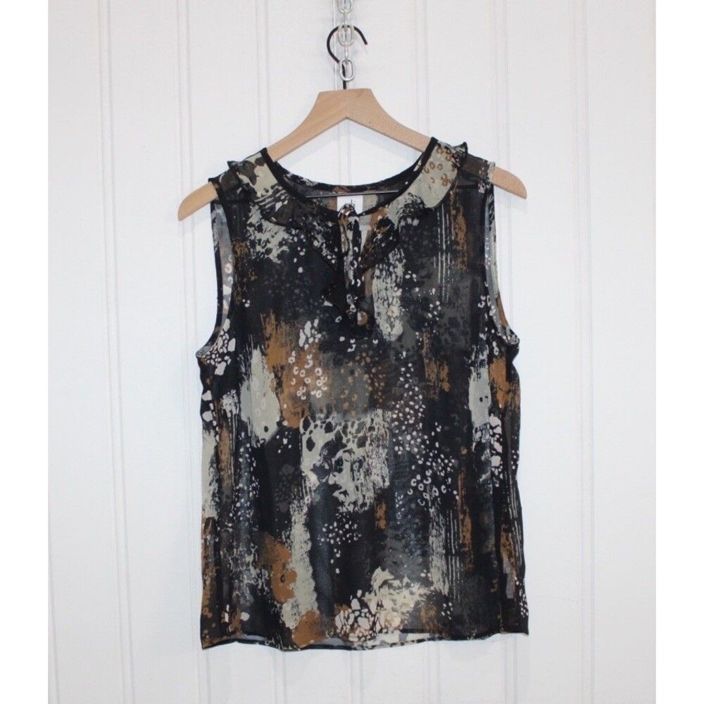 Cabi Incandescent Top Medium Abstract Ruffle V Neck Sleeveless Blouse Black Tan